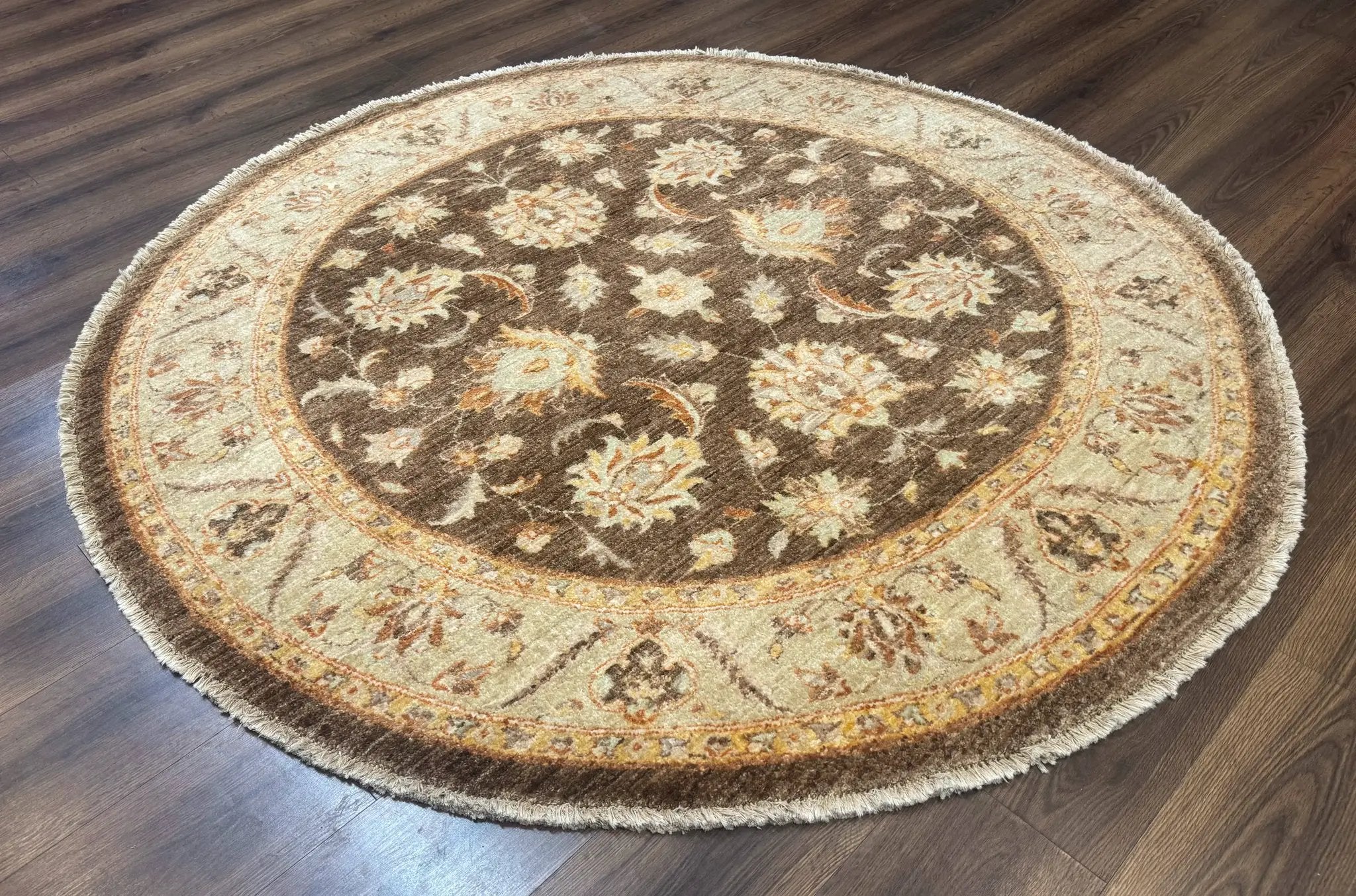 Round Pakistani Rug 6x6, Brown and Beige, Floral, Peshawar Rug, Traditional by Jewel Rugs
