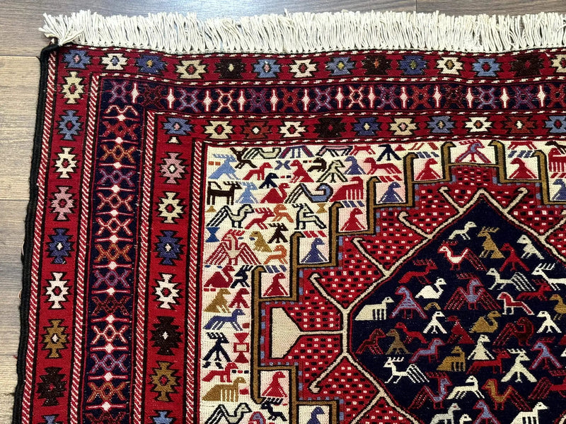 Persian Soumak Kilim Rug 4x6, Triple Medallions Tribal Pictorials, Caucasian Azerbaijani Kilim by Jewel Rugs