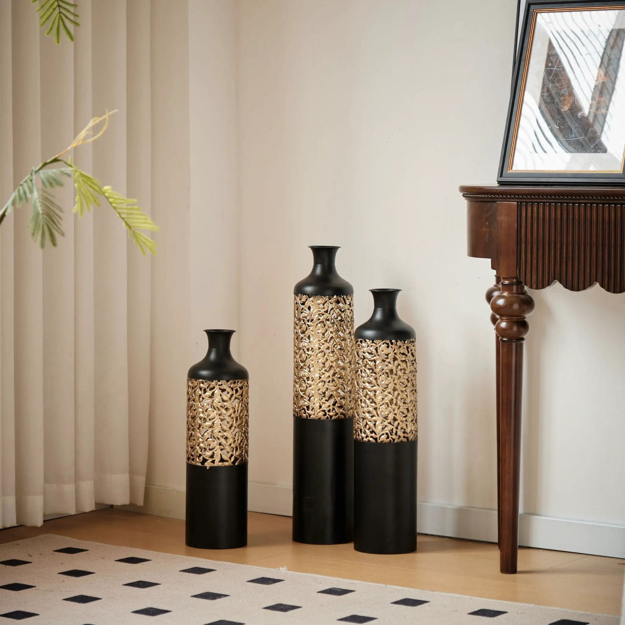 Floor Metal Vases Decorated Metal Vases (Set of 3) Gorgeous Home Decoration Large Glazed Metal Vases - Black / Gold by HouseOfZazla