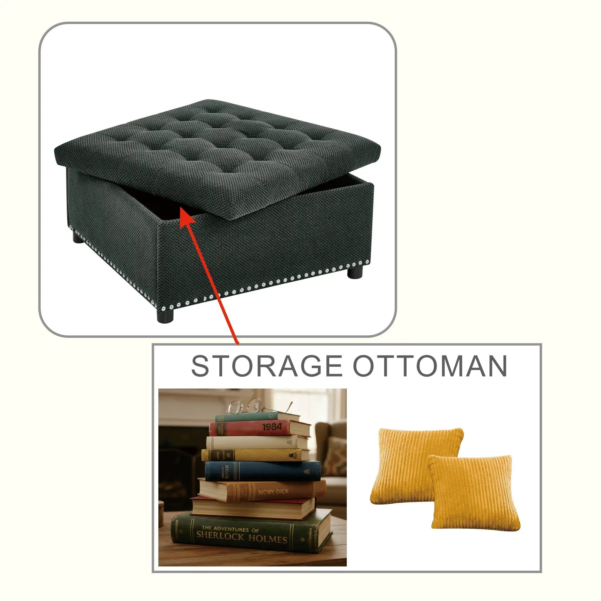 Tufted Storage Ottoman with Nailhead Trim - Dark by HouseOfZazla