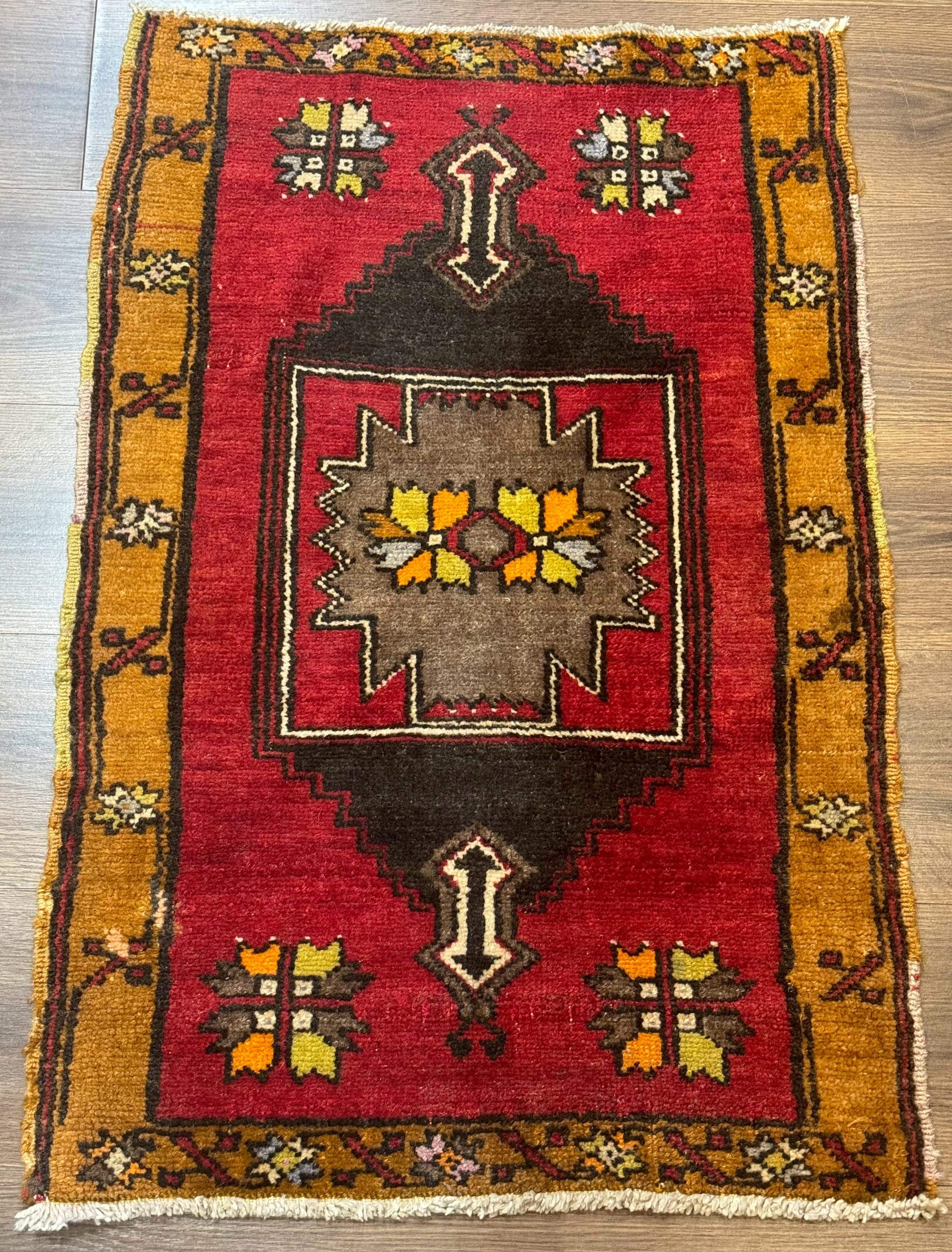 Turkish Yastik Rug 2x3, Geometric Medallion, Small Turkish Wool Rug, Red by Jewel Rugs