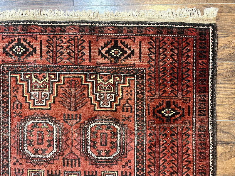 Antique Persian Turkoman Rug 3x6, Wool Tribal Handmade Carpet, Red and Black by Jewel Rugs