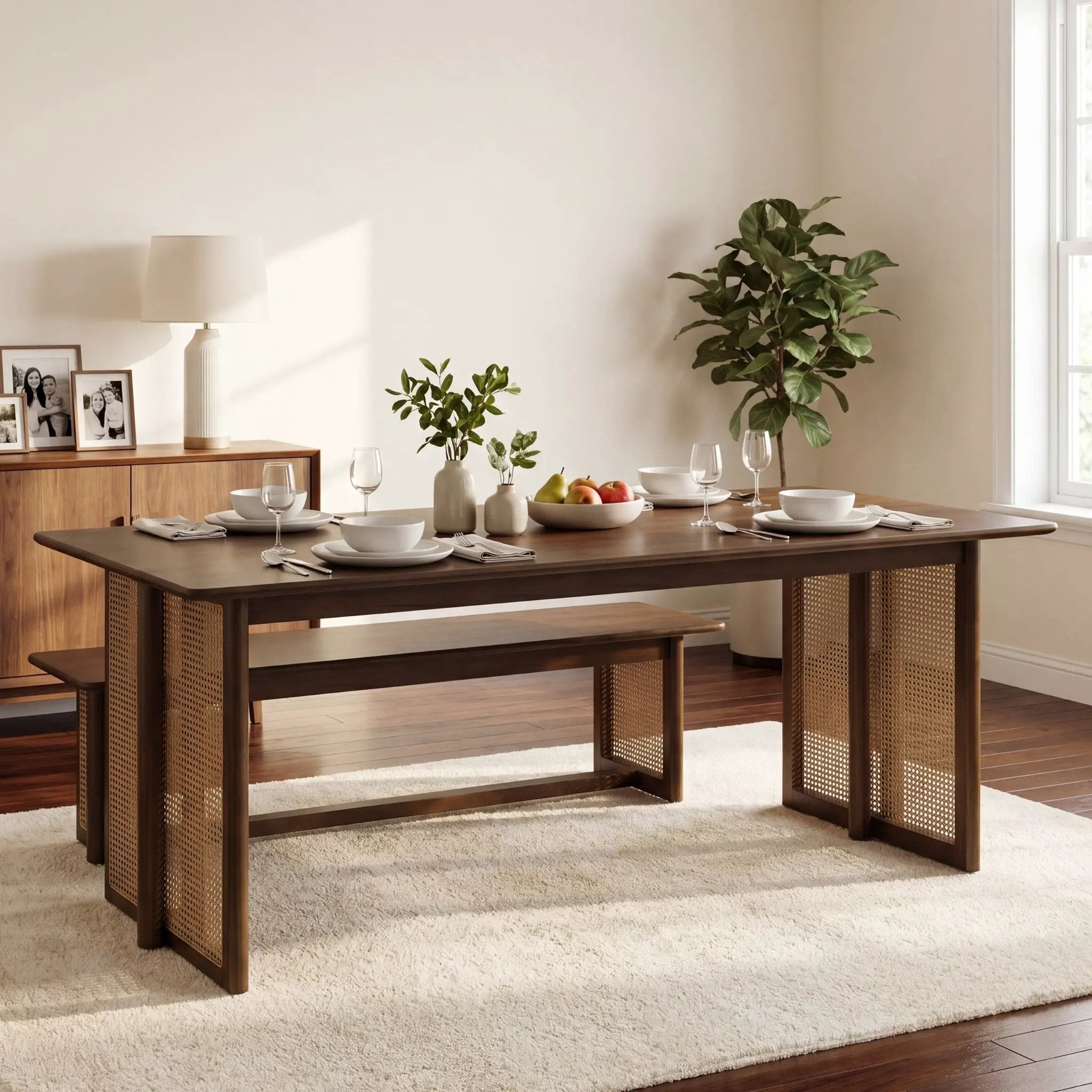 Walnut-Colored Rubber Wood Dining Table with Rattan Accents by HouseOfZazla