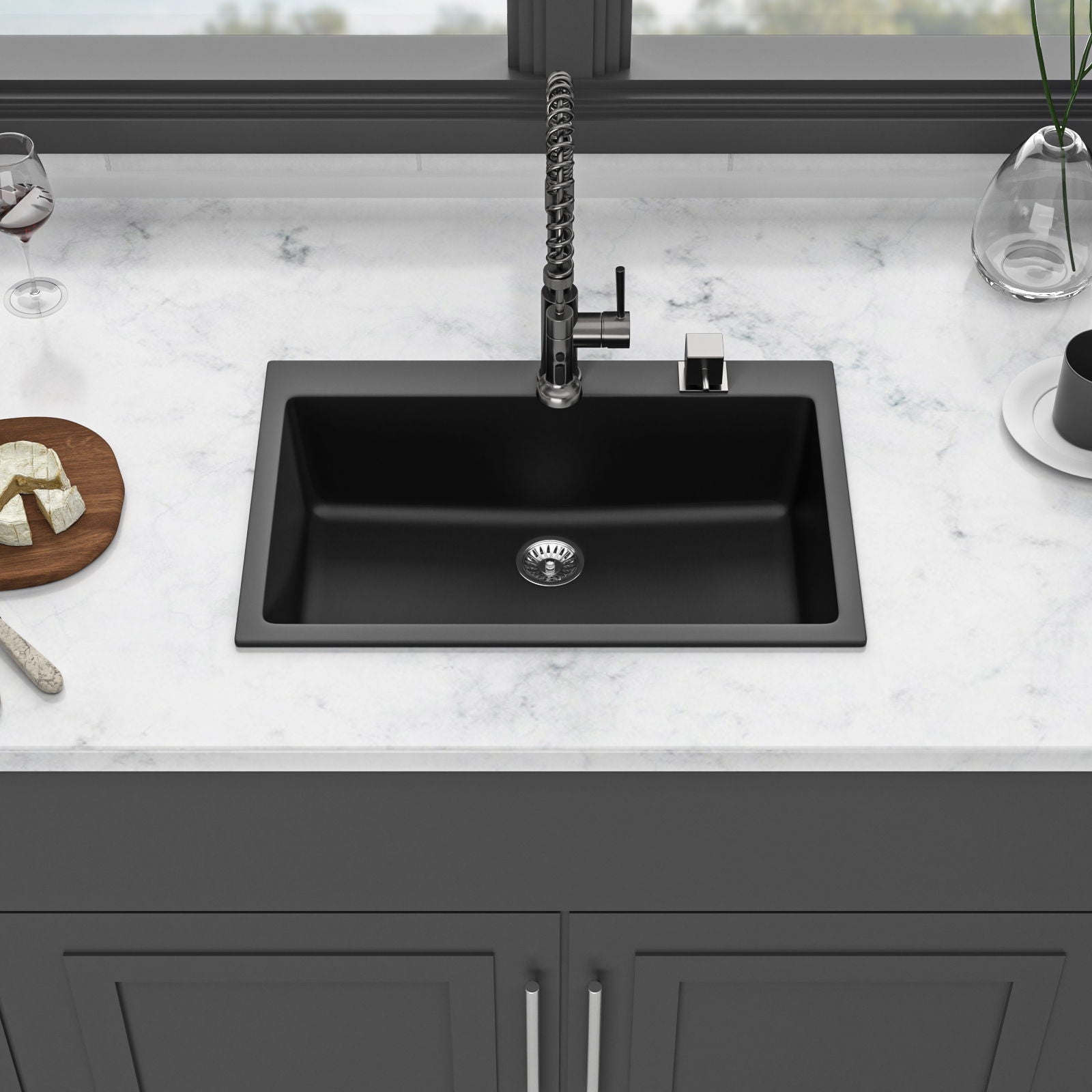 Kitchen Sink Granite Composite Drop In Sink With Durable Material - Black by HouseOfZazla