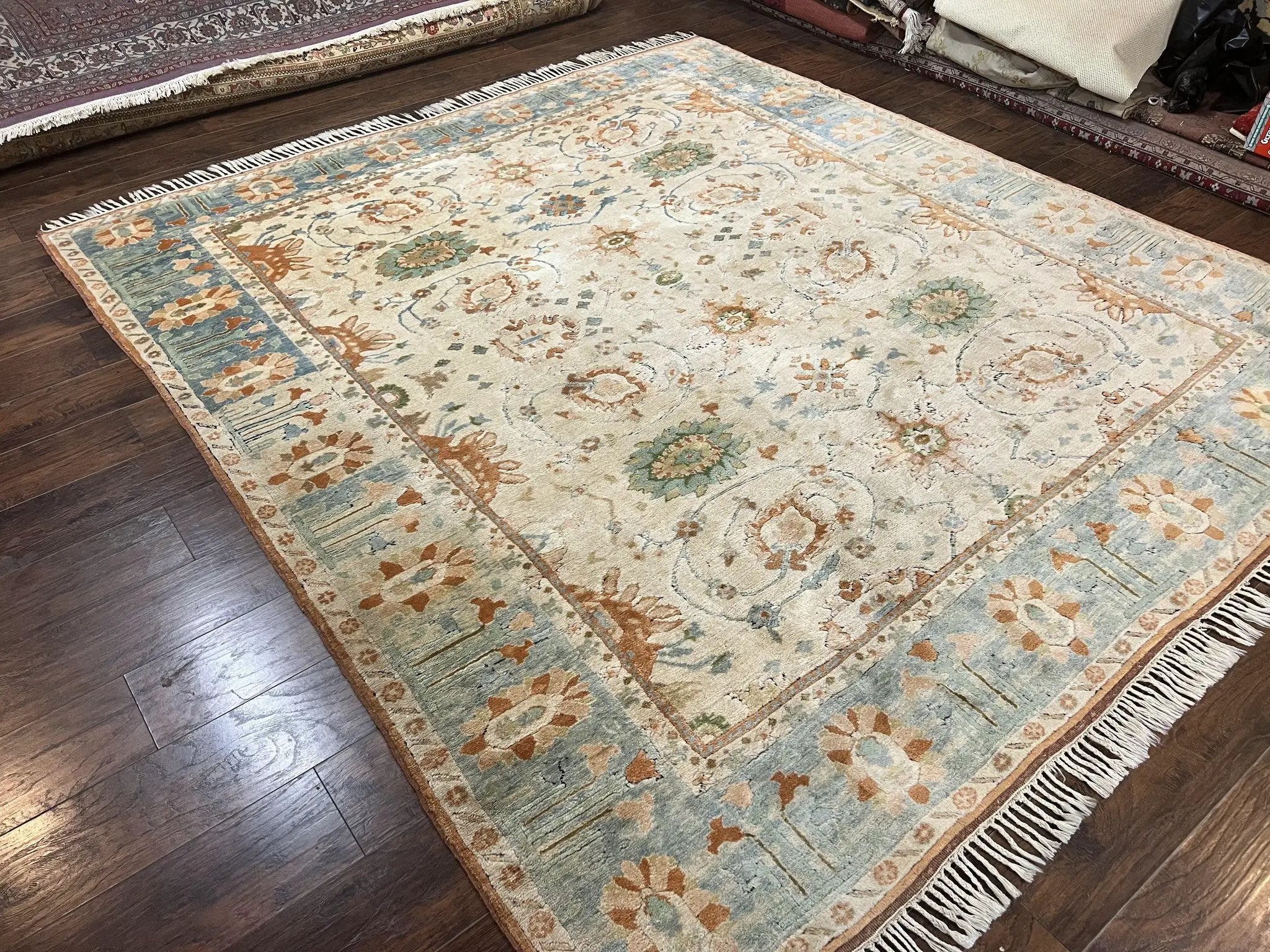 Turkish Oushak Rug 9x10, Farmhouse Rug, Beige & Light Blue by Jewel Rugs