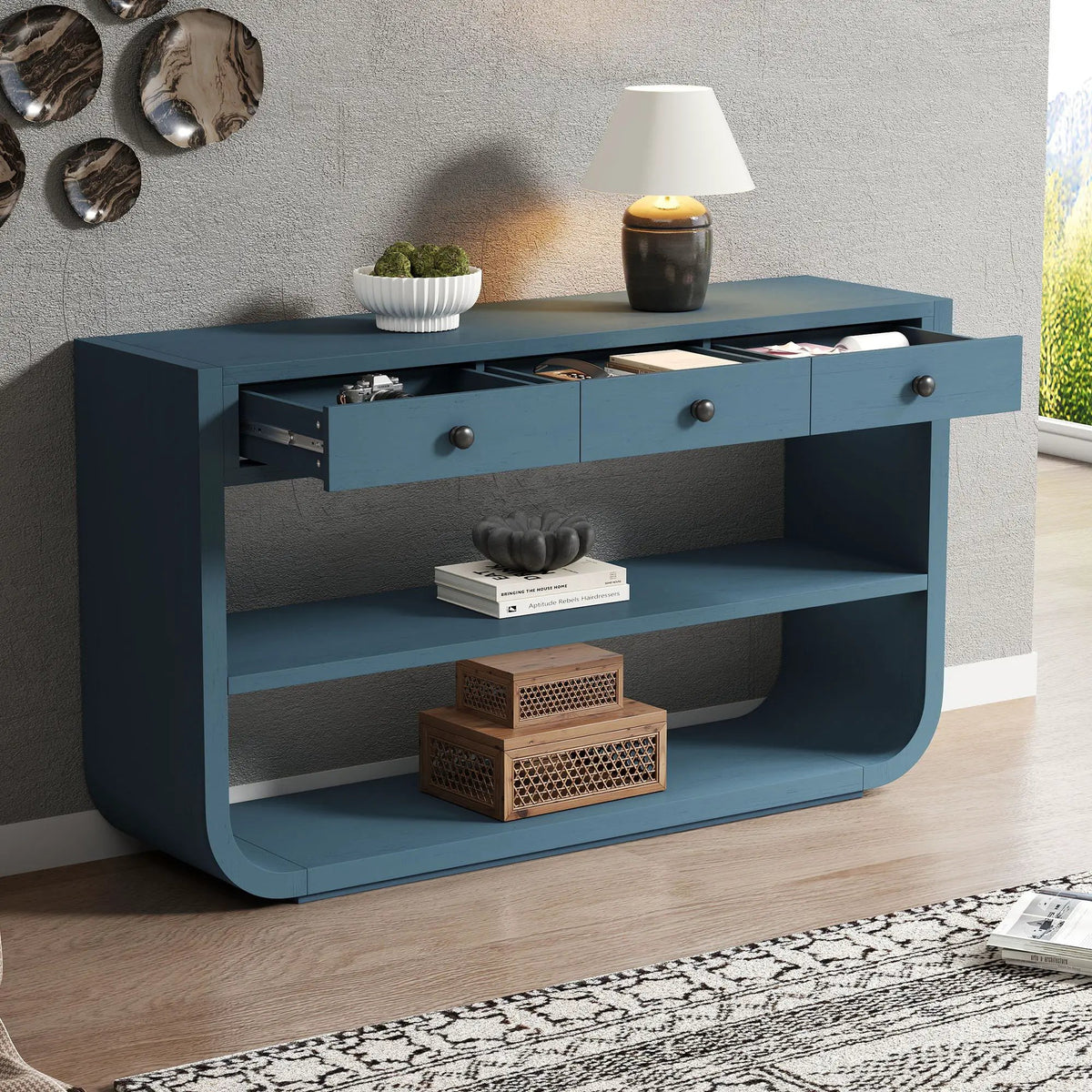 Console Table With 3 Soft Close Drawers & 2 Open Shelves by HouseOfZazla