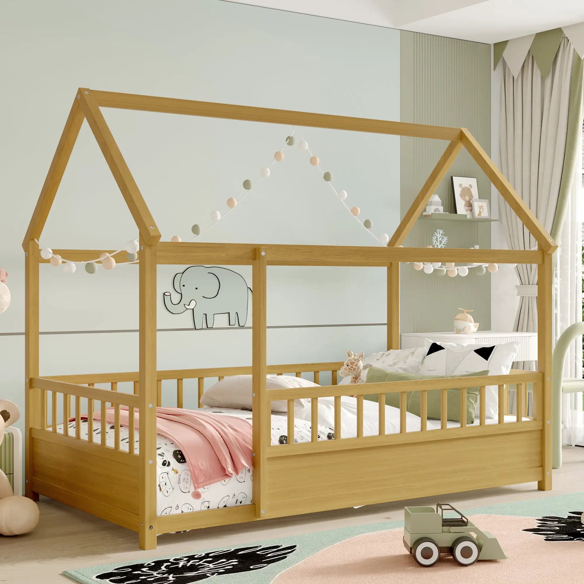 Twin Size Floor Wooden Bed with House Roof Frame by HouseOfZazla