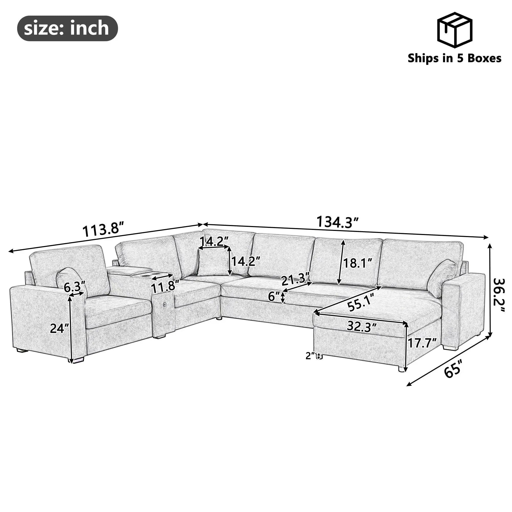 Modular 5 Seat U-Shape Sectional Sofa With Chaise Lounge, Built In Cup Holders And Storage Drawer by HouseOfZazla
