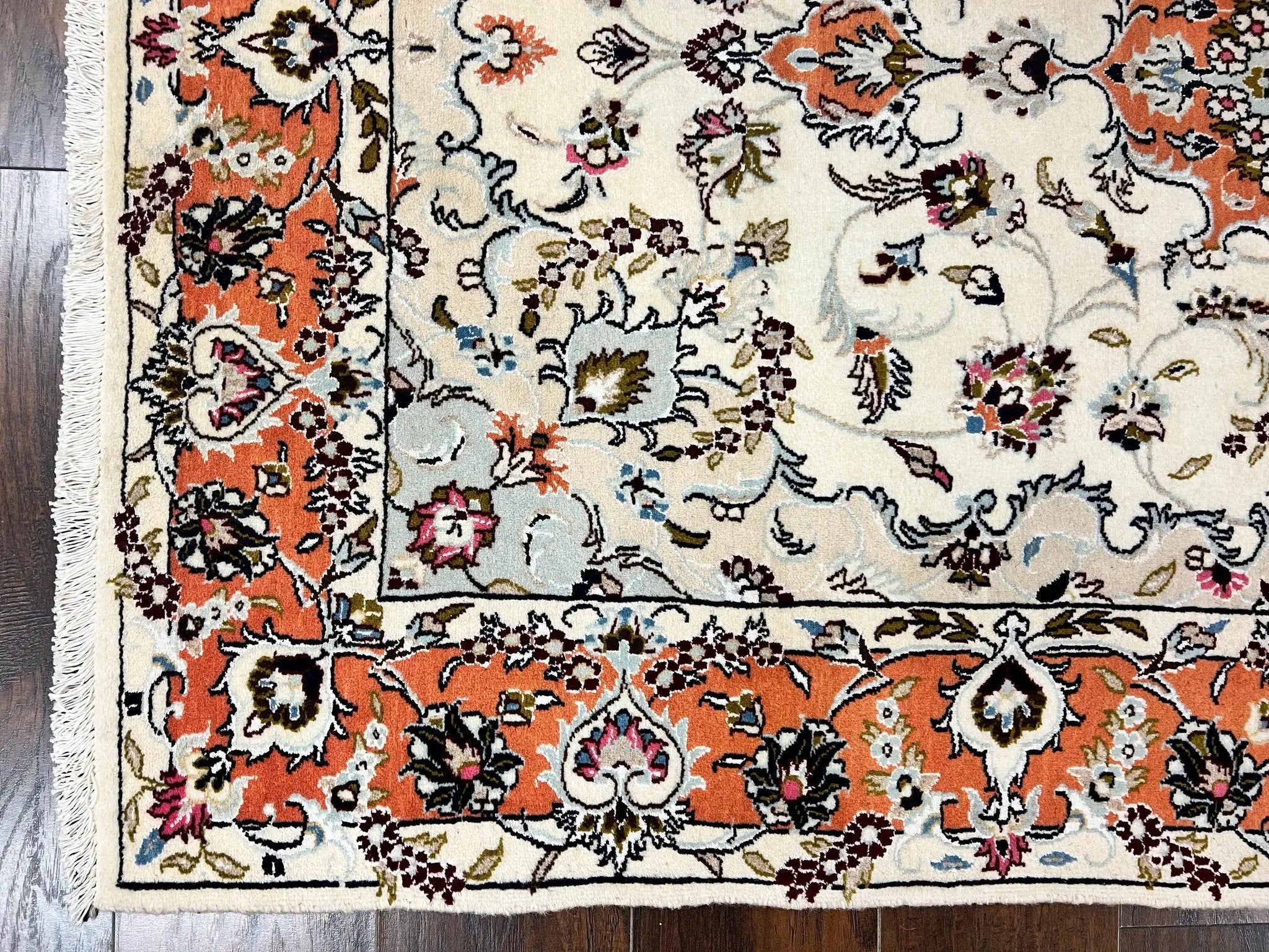 Persian Tabriz Rug 4.5 x 6.8, Finely Hand Knotted Wool with Silk Highlights Vintage Oriental Carpet, Cream and Salmon, High KPSI, Floral Medallion by Jewel Rugs