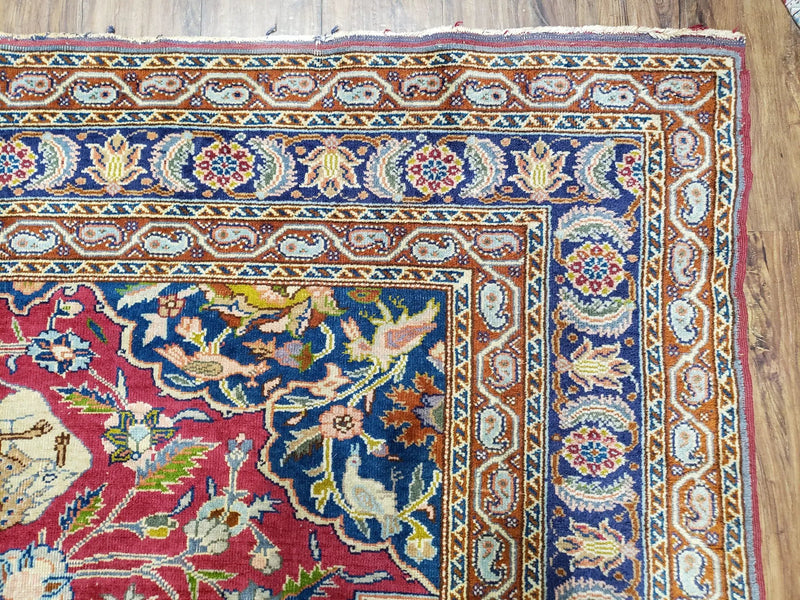 Antique Turkish Sivas Area Rug 8x11, Hand-Knotted, Vintage Red Wool Carpet, Gazelles Lions, Boteh Border, 8' x 11' Top Quality Oriental Rug by Jewel Rugs