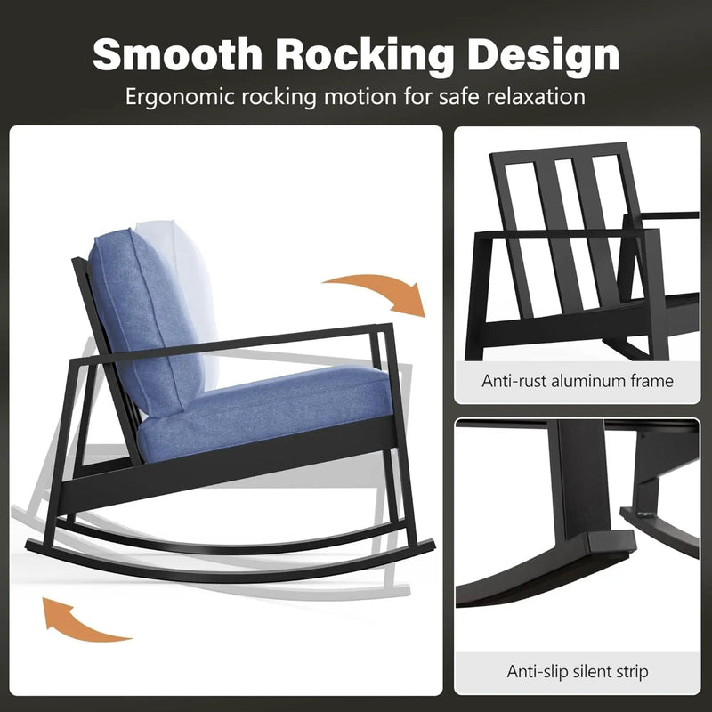 Outdoor Rocking Bistro Set Of 3, Oversized Rocking Chairs With Cushions And Side Table - Black / Blue by HouseOfZazla