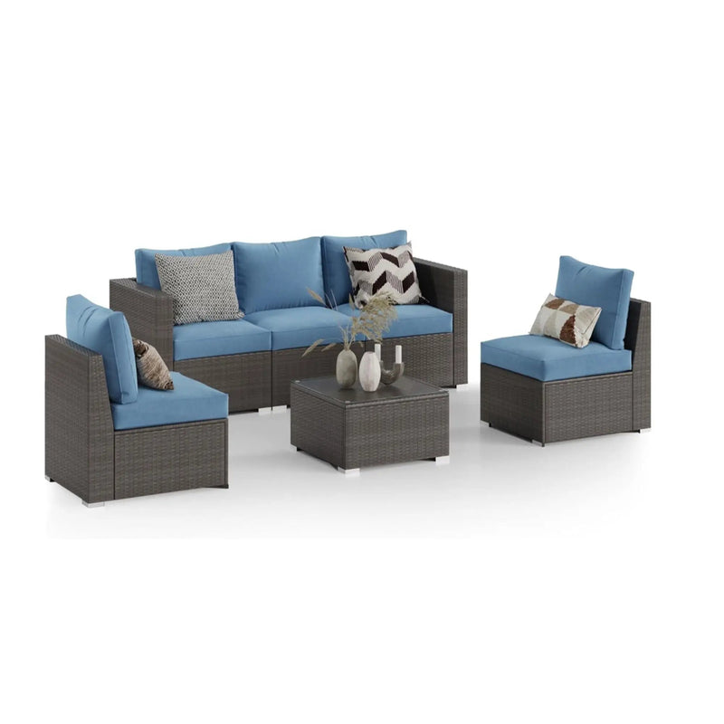 2 Piece Patio Loveseat Set With Thick Cushions, Outdoor Sectional Sofa For Balcony - Blue / Brown by HouseOfZazla