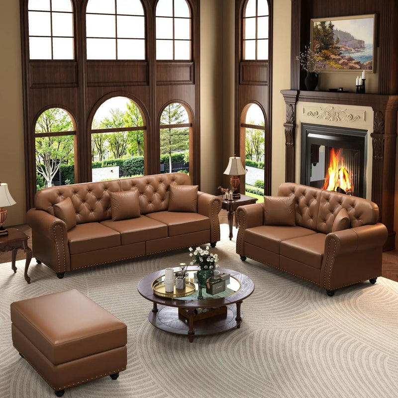 Upholstered Sofa With Nailhead Trim, Rolled Armrests With Ottoman by HouseOfZazla