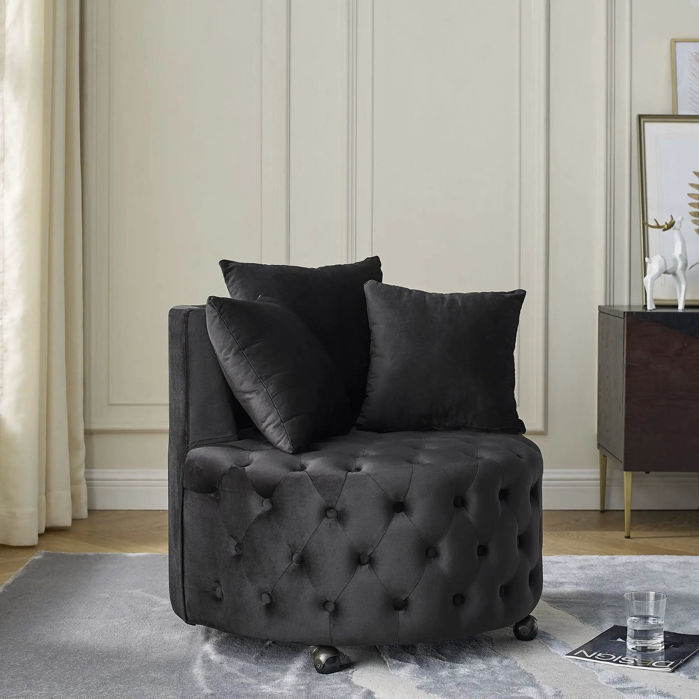 Modern Upholstered Swivel Chair With Button Tufted Design And Movable Wheels by HouseOfZazla