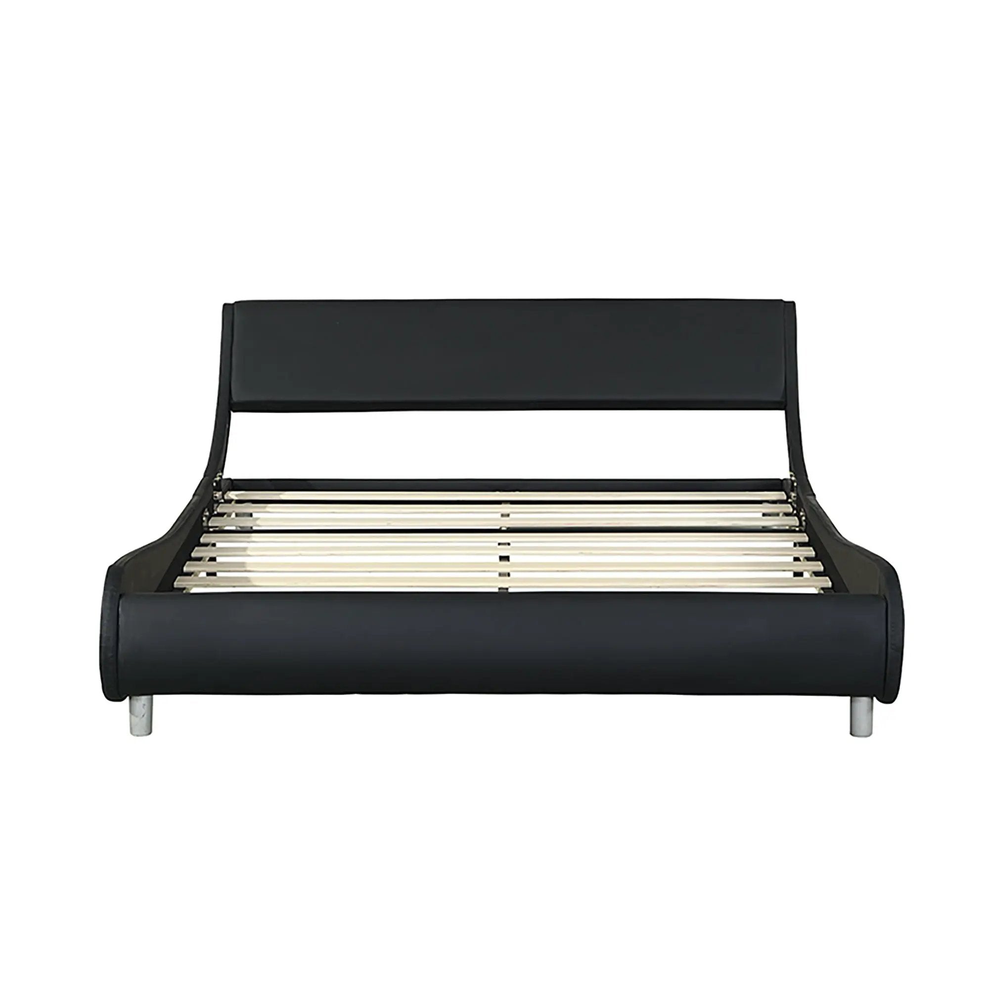 Queen Size Upholstered Platform Bed Frame With LED Lighting, Curve Design, Slat Support, No Box Spring Needed - Black by HouseOfZazla