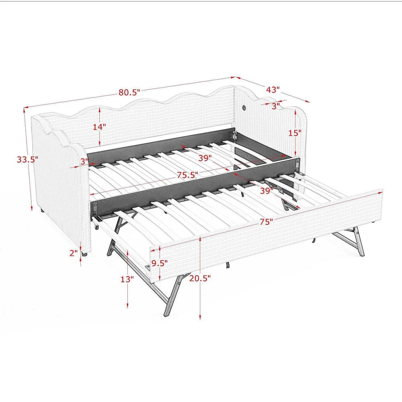 Gingham Daybed With USB Charging Port, Wave Shaped Design by Unique Piece Furniture