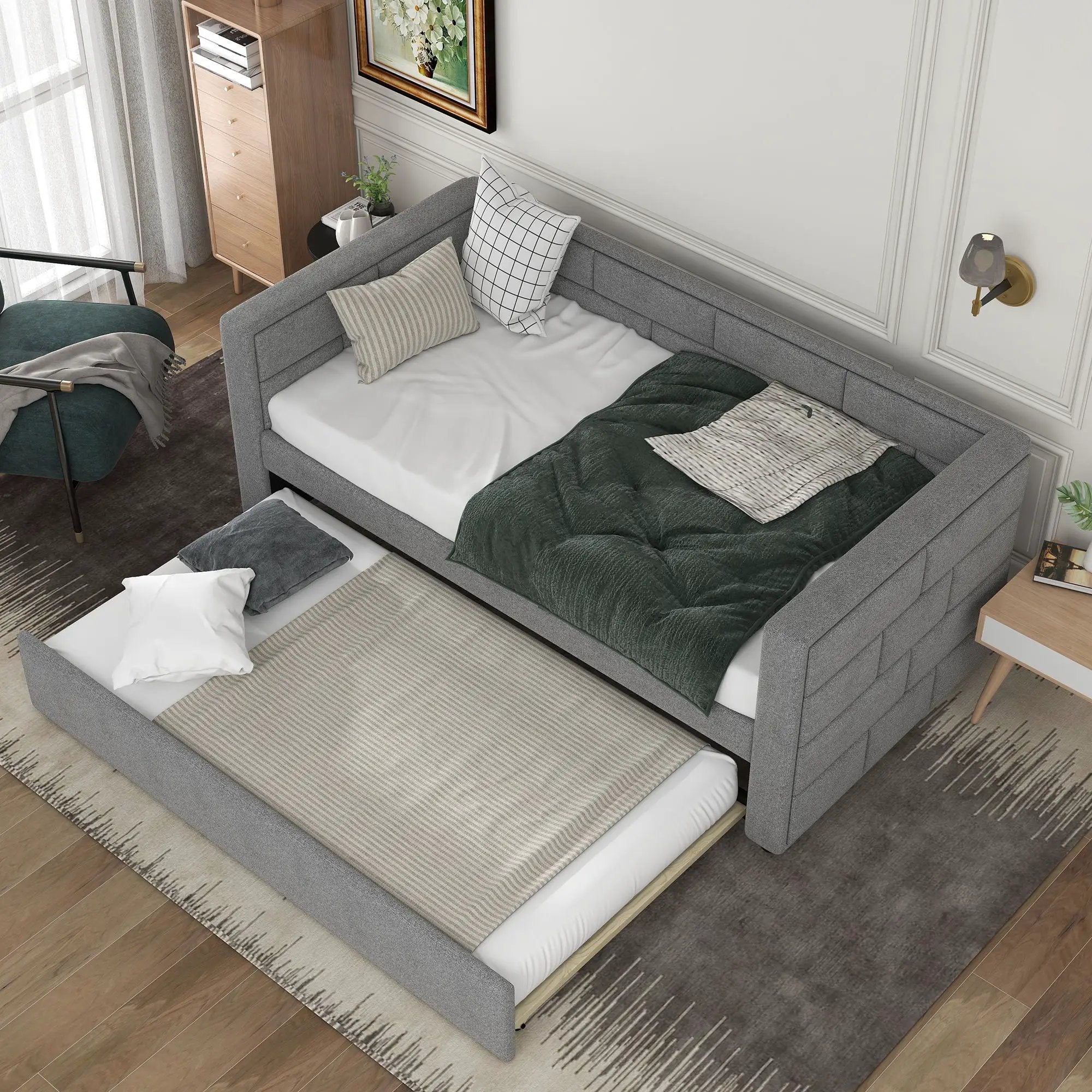 Upholstered Twin Size Daybed With Trundle, Padded Back And Sides - Gray by Unique Piece Furniture