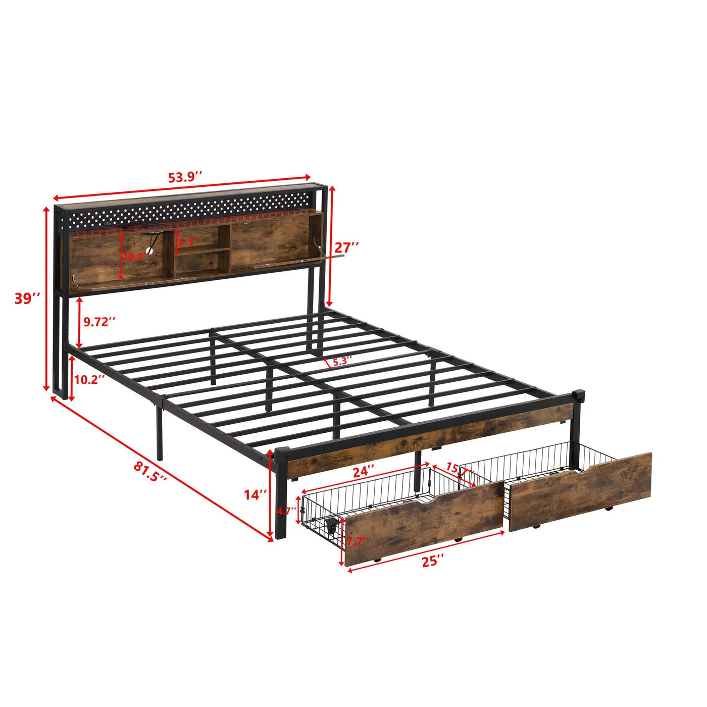 Modern Metal Platform Bed Frame with Wooden Headboard and Storage by HouseOfZazla