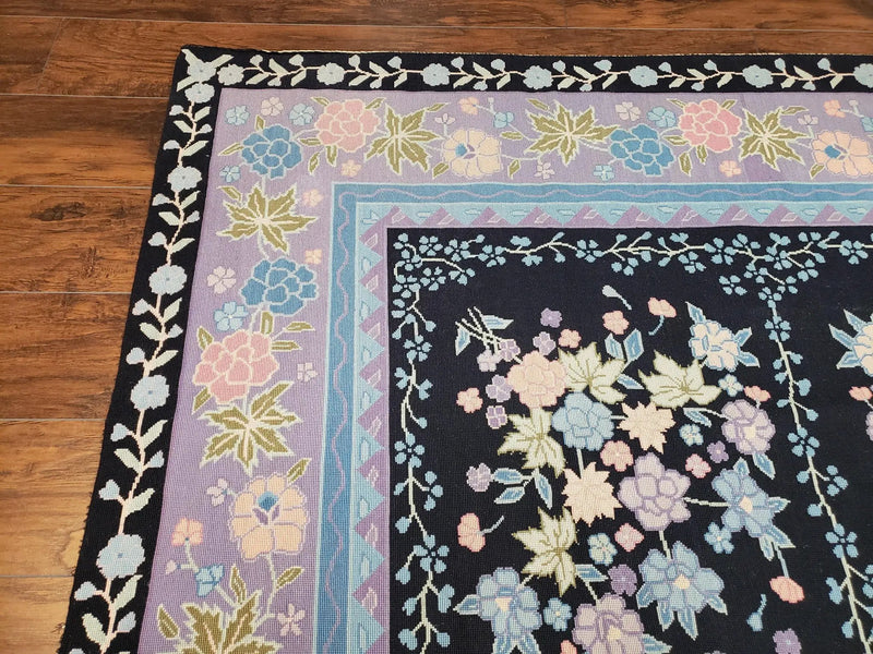 Chinese Needlepoint Rug 8 x 11.4, Hand-Woven Area Carpet, Flatweave Rug, Black Blue Light Violet Floral Garden European Design Wool Aubusson by Jewel Rugs