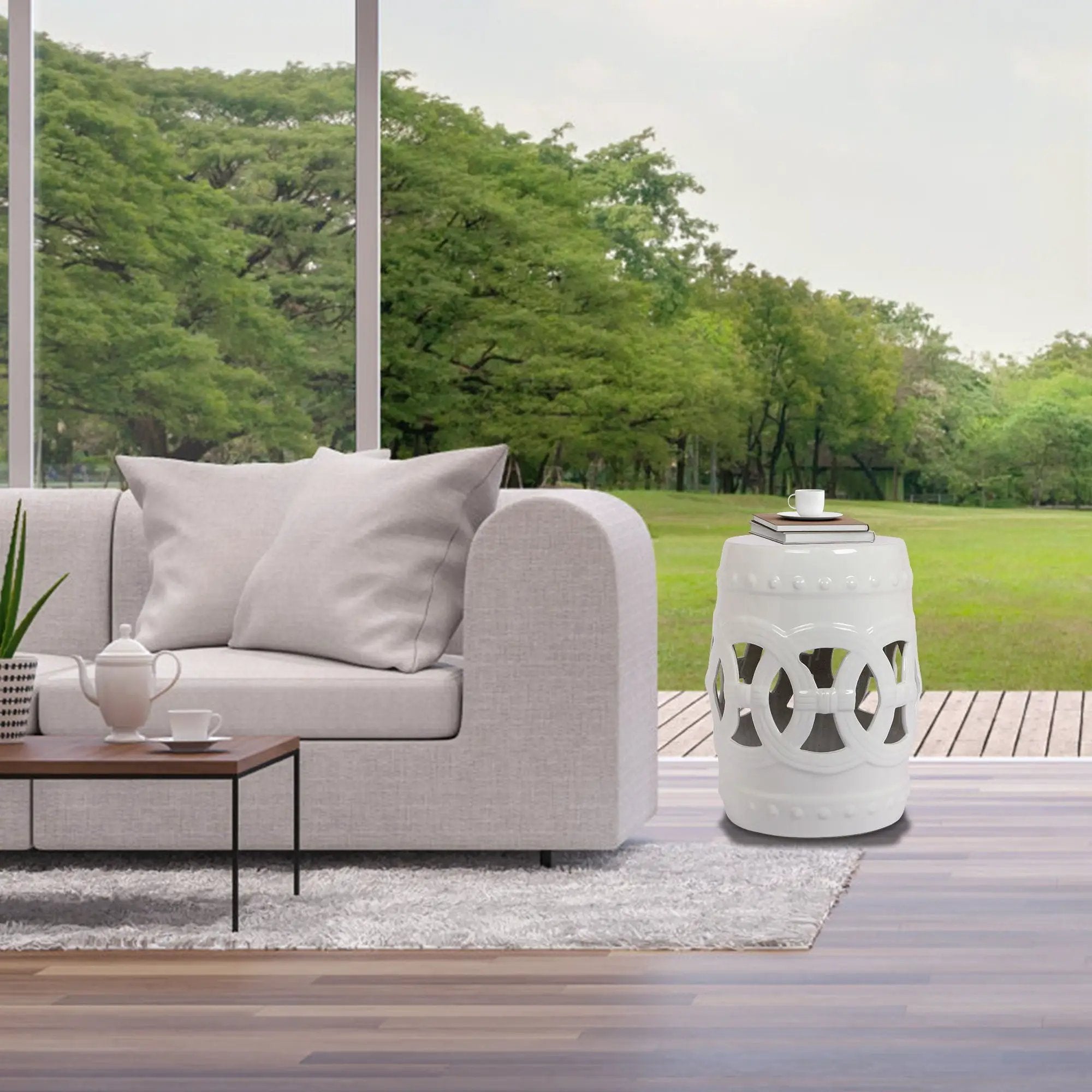 Elegant Glazed Ceramic Drum Stool Indoor / Outdoor Side Table Accent Garden Stool - White by Unique Piece Furniture