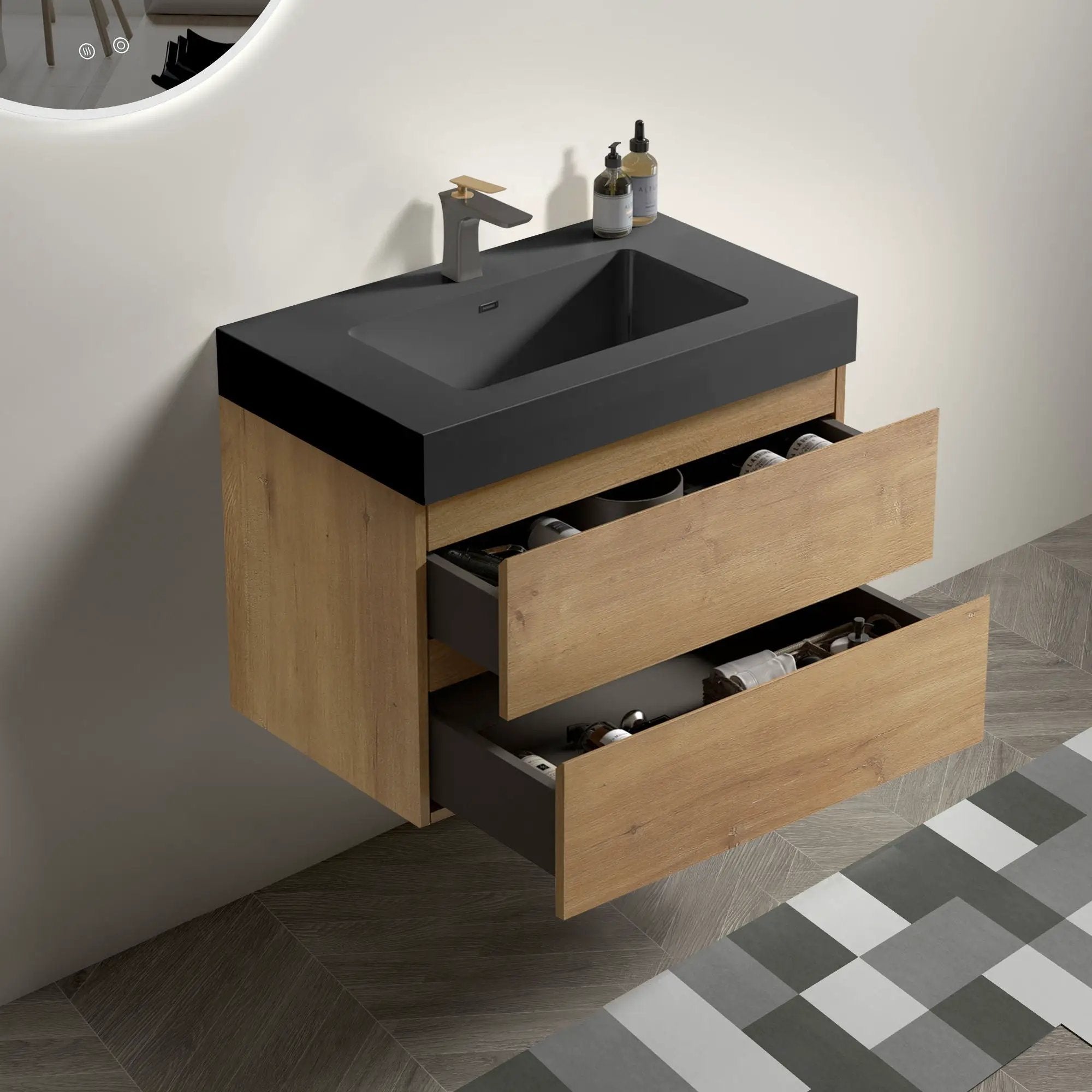 Alice - Natural Oak Bathroom Vanity With Sink, Large Storage Wall Mounted Floating Bathroom Vanity For Modern Bathroom, One-Piece Sink Basin Without Drain by Unique Piece Furniture