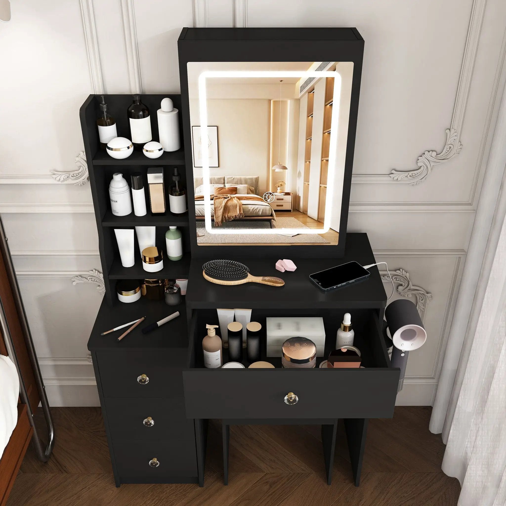 Vanity Desk With 3 LED Lighting Modes, 4 Drawers, Open Shelves, Hair Dryer Holder & Power Socket Dressing Table Set With Chair - Black by HouseOfZazla