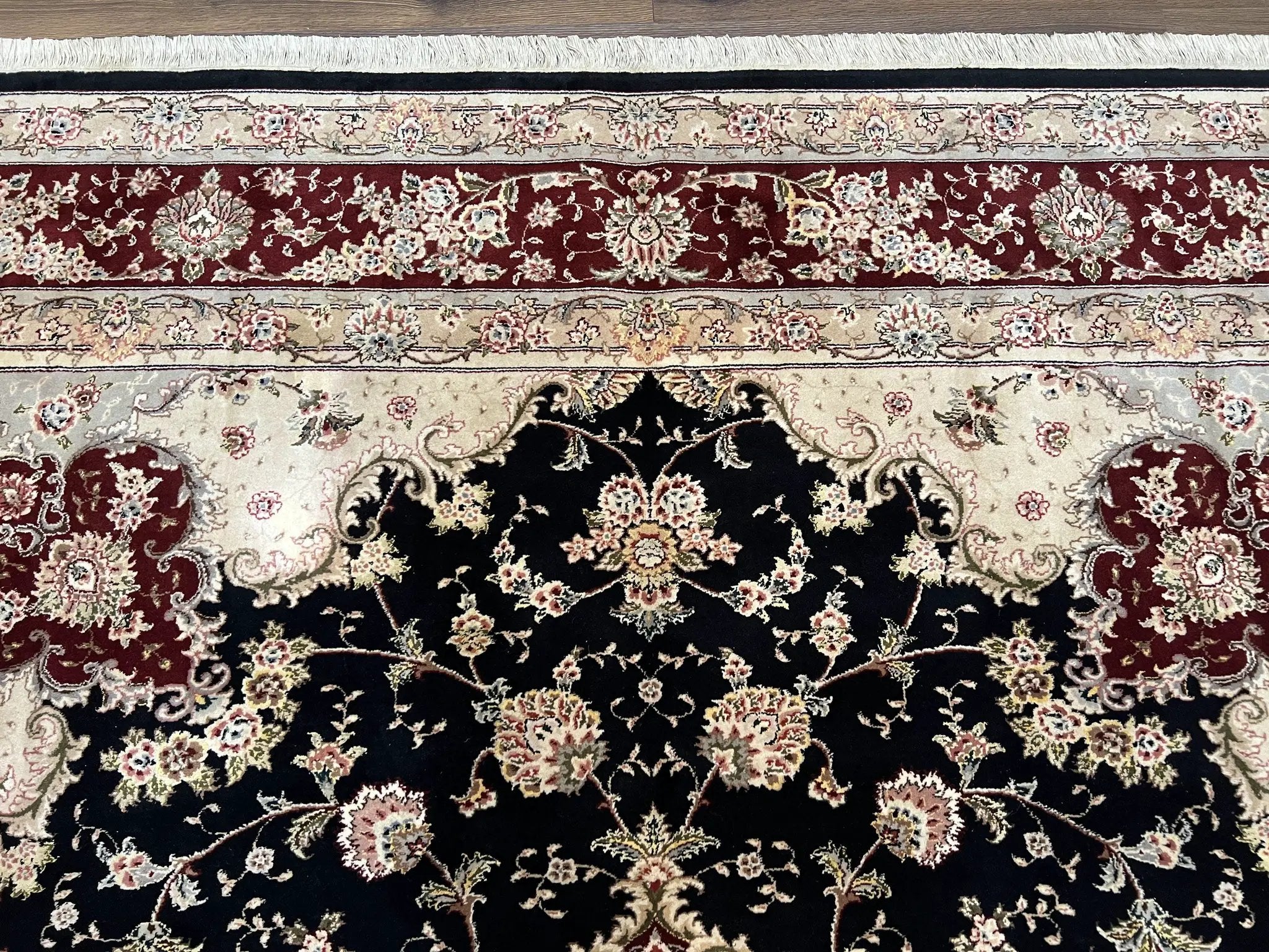 Pak Persian Rug 8.8 x 10.6, Floral Medallion, Wool and Silk Hand Knotted Fine Oriental Carpet, Elegant Rug, Black Gray Burgundy, Room Sized by Jewel Rugs