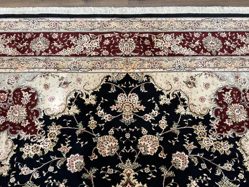 Pak Persian Rug 8.8 x 10.6, Floral Medallion, Wool and Silk Hand Knotted Fine Oriental Carpet, Elegant Rug, Black Gray Burgundy, Room Sized by Jewel Rugs