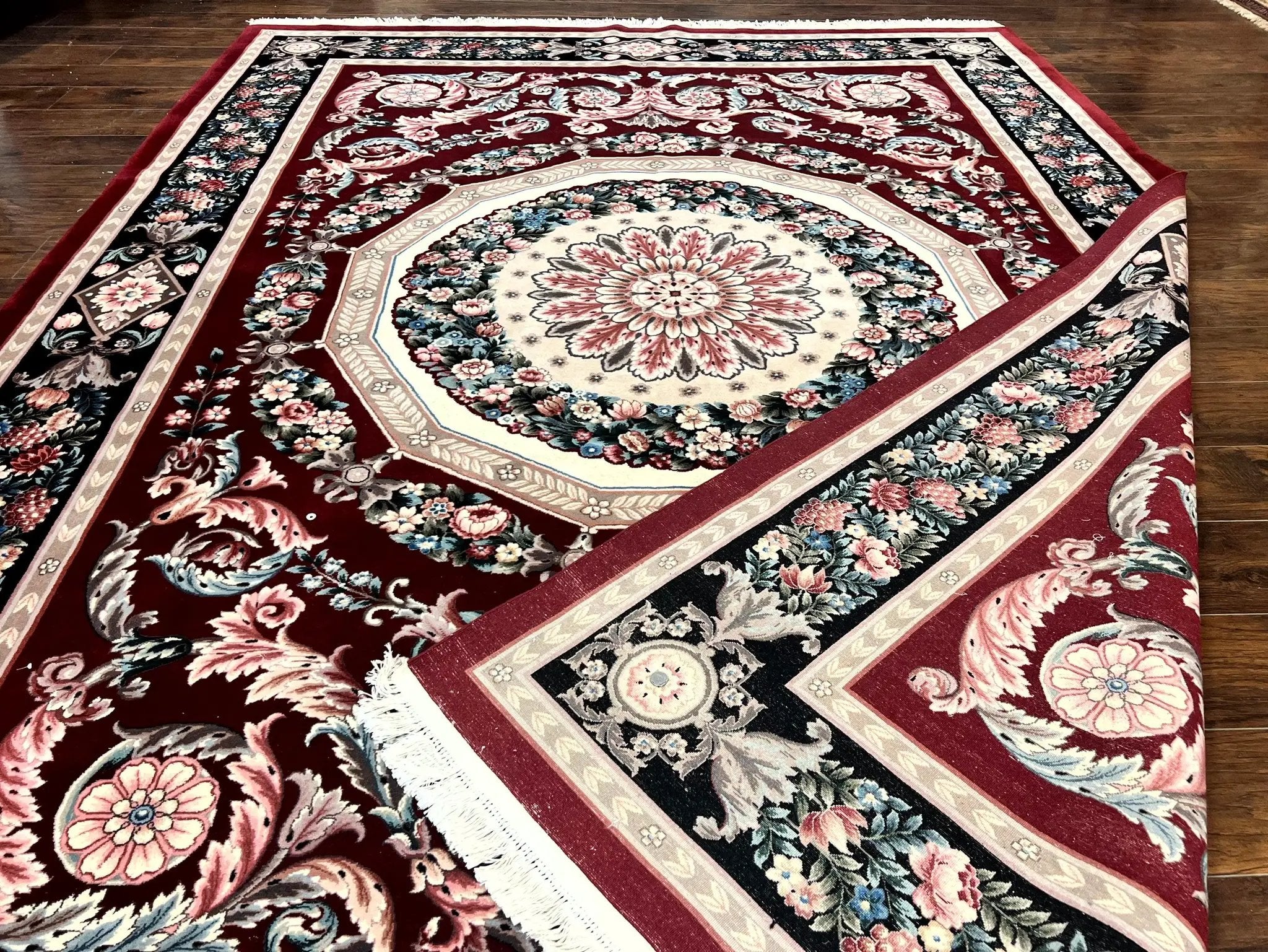Chinese Aubusson Rug 9x12, Burgundy, Handmade Vintage Wool Carpet, Fine 210 KPSI, Elegant European Design by Jewel Rugs