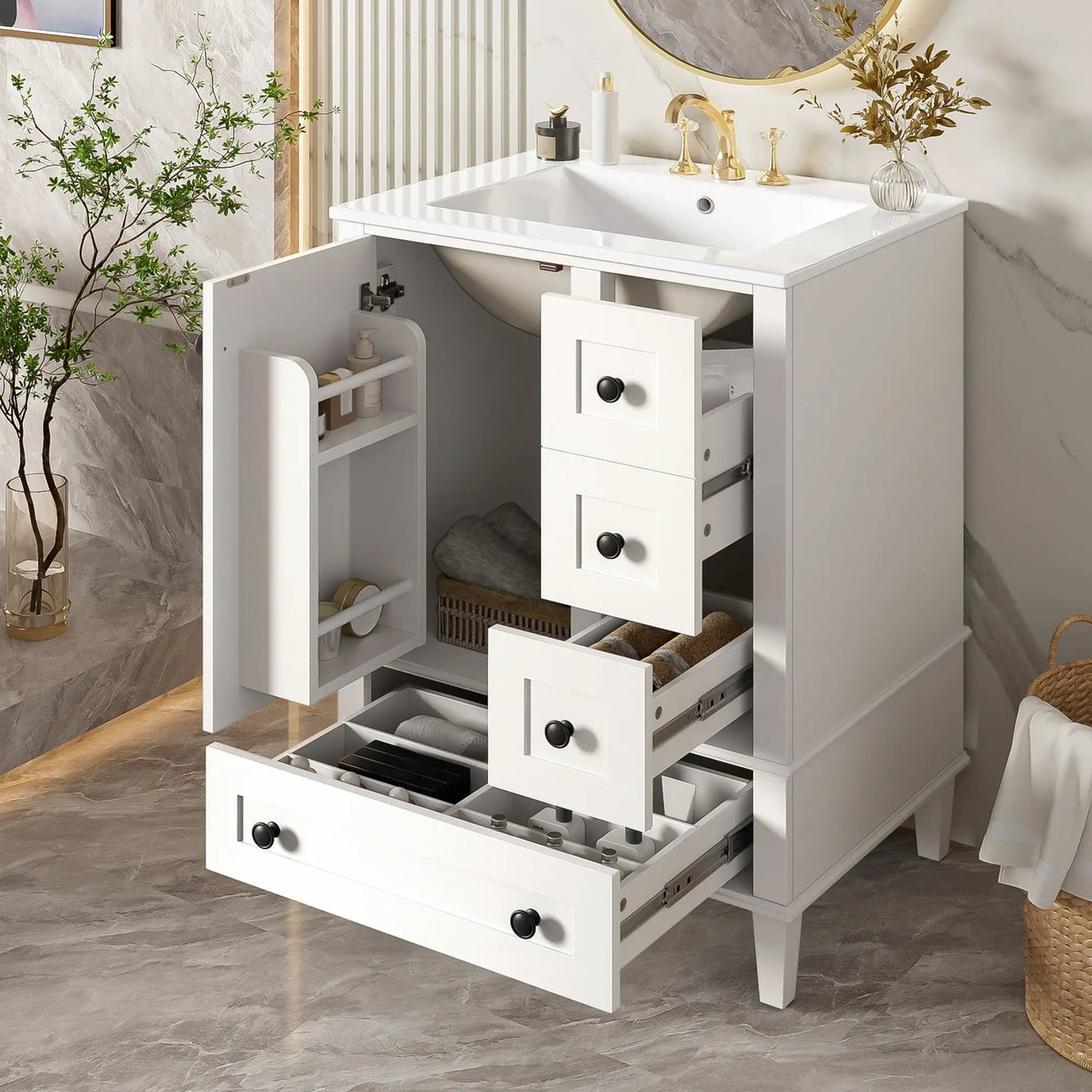 Bathroom Vanity With Integrated Basin, Soft Close Drawers, Door Mounted Double Layer Shelf by HouseOfZazla