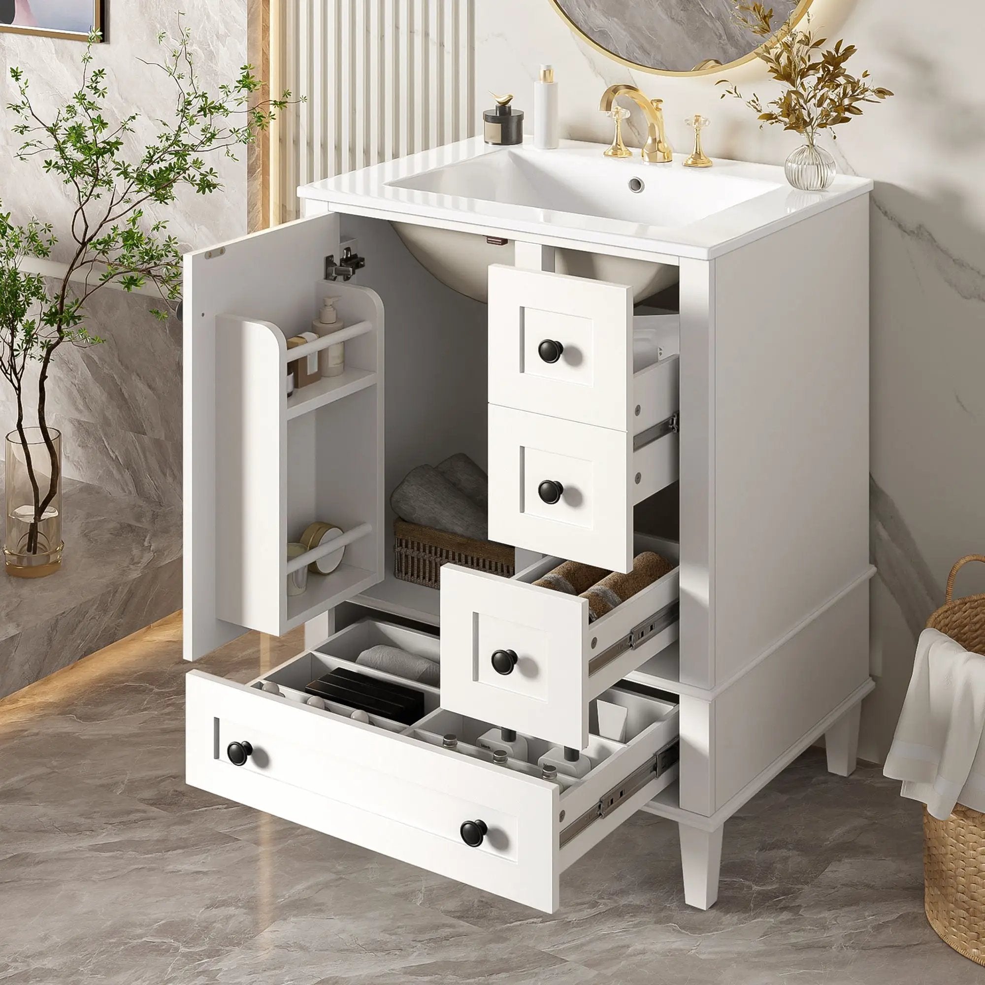 Bathroom Vanity With Integrated Basin, Soft Close Drawers, Door Mounted Double Layer Shelf by HouseOfZazla