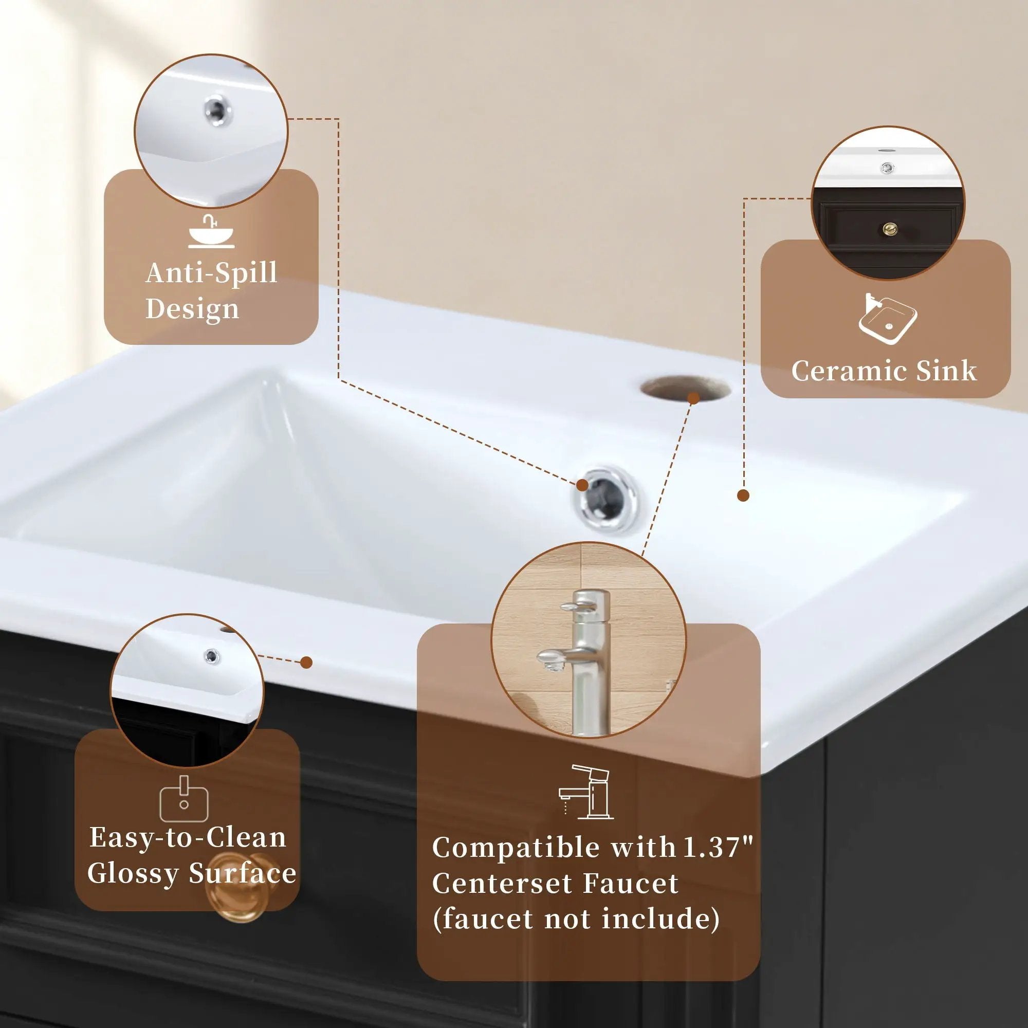 Bathroom Vanity With Sink, Soft-Closing Door, Adjustable Shelf by Unique Piece Furniture