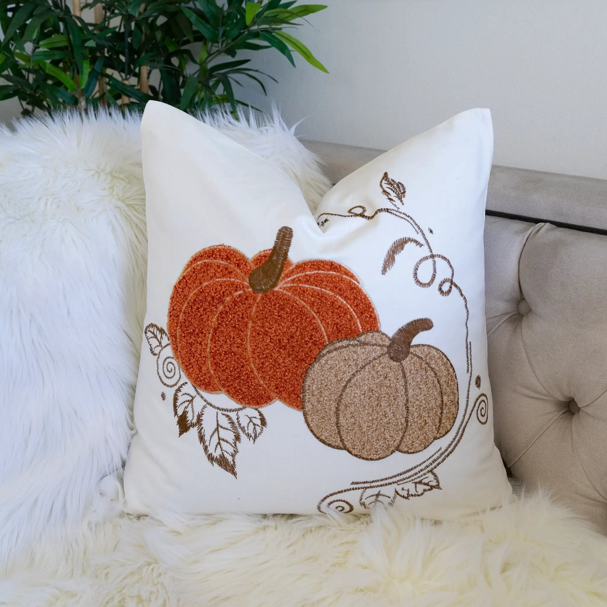 Pumpkin Embroidered Cotton Throw Pillow – Autumn Harvest Accent Cushion Set of 2 by HouseOfZazla