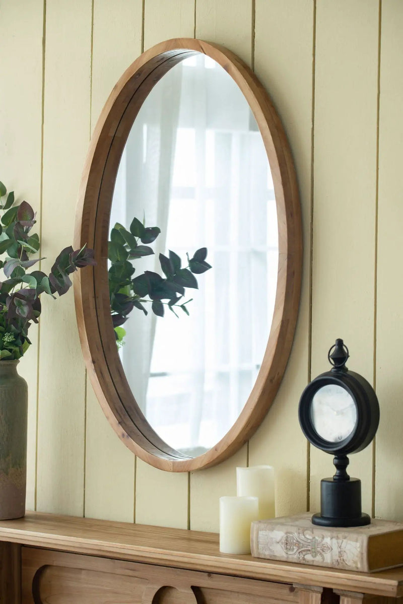 Oval Wall Mirror With Wood Frame, Farmhouse Wood Mirror For Bathroom Entryway Console Lean Against Wall - Brown by HouseOfZazla