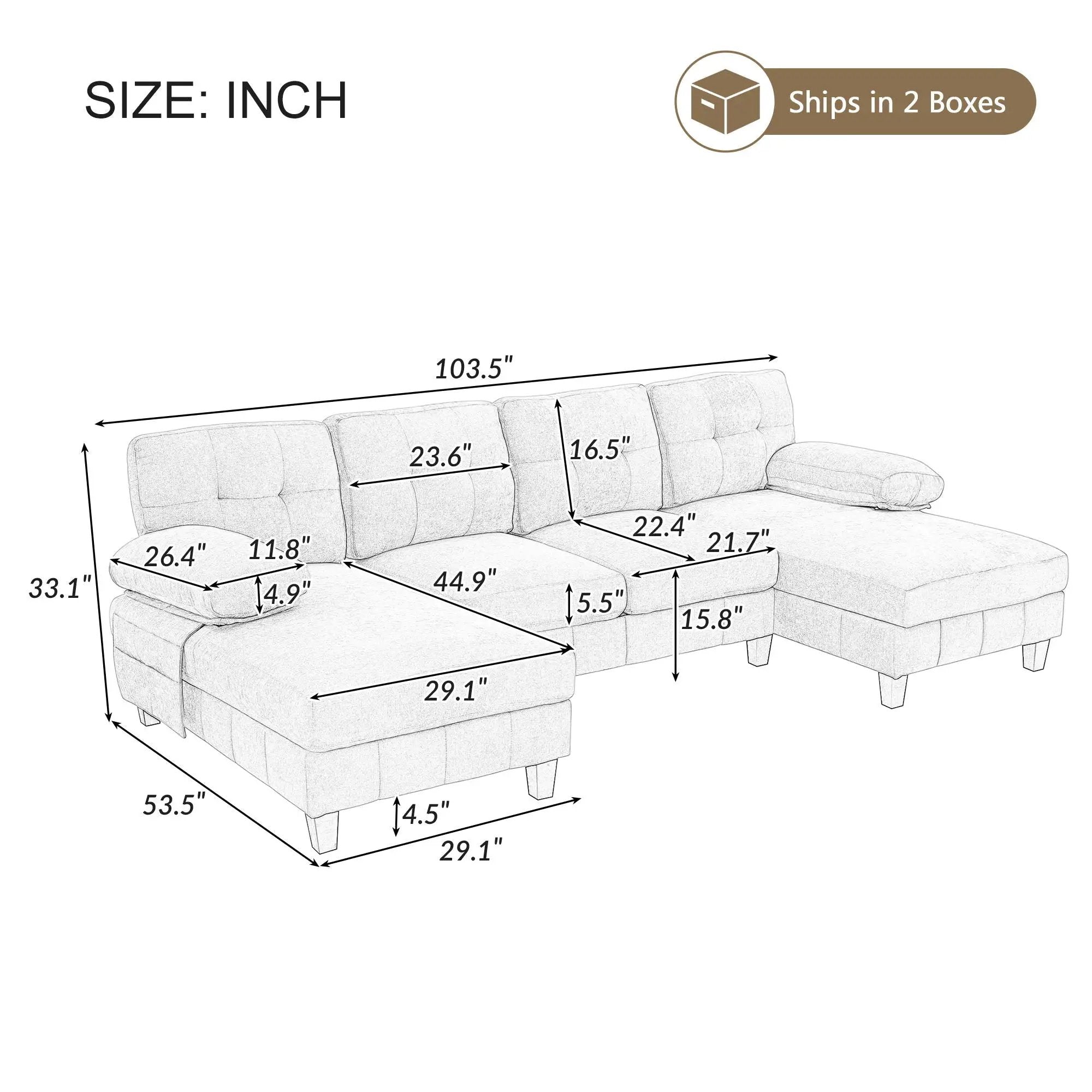 U-Shaped Sectional Sofa 103.5" Fabric Couch With Dual Chaise Lounges, Storage Pockets, Armrest Pillows by Unique Piece Furniture