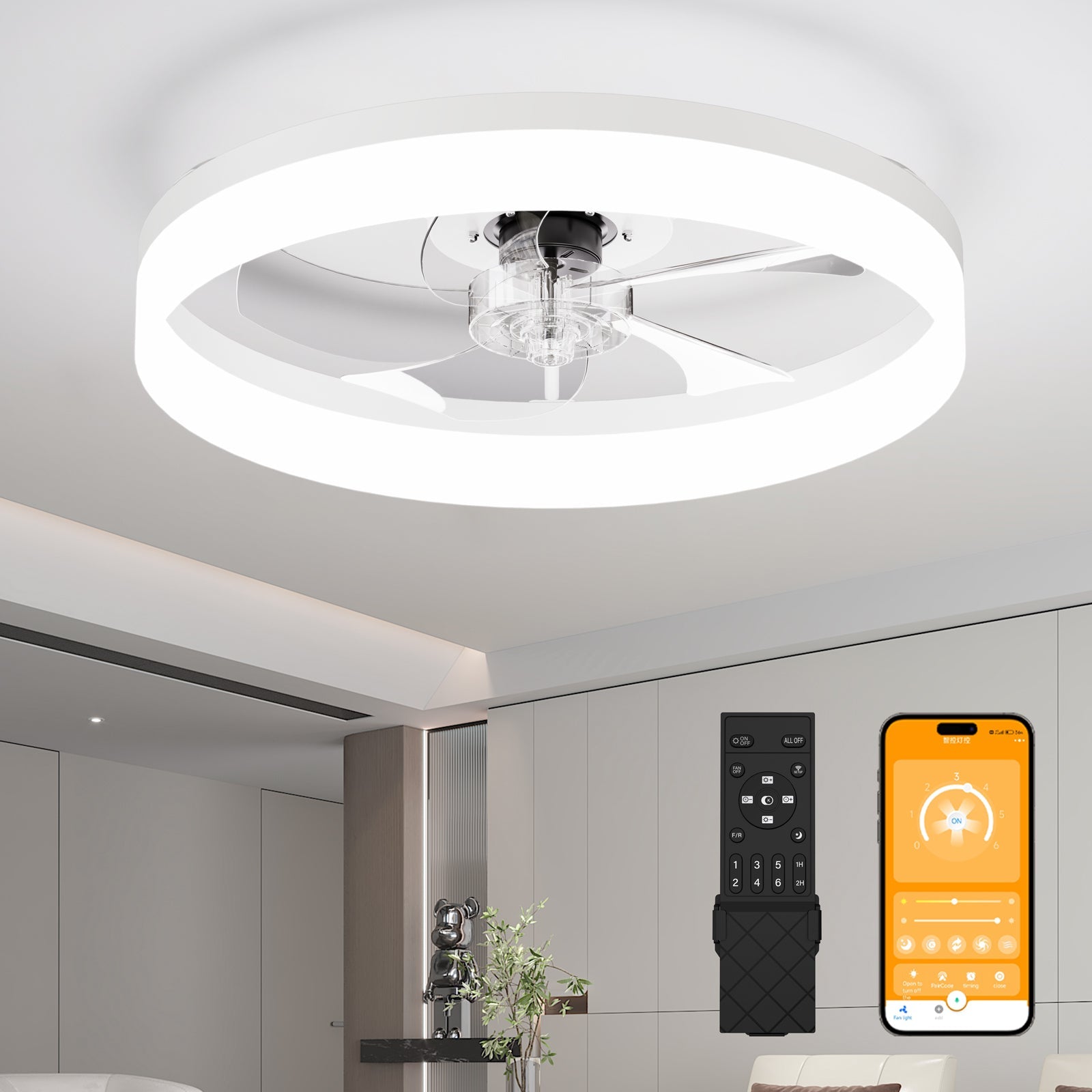 19.7'' LED Ceiling Fan Light with Remote & App Control, 6 Speeds, Dimmable, 3000K-6500K, Flush Mount by HouseOfZazla