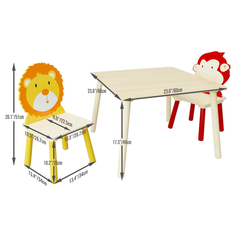 Kids Table And 2 Chairs Set, 3 Pieces Toddler Table And Chair Set, Wooden Activity Play Table Set (Lion&Monkey) - Natural by HouseOfZazla
