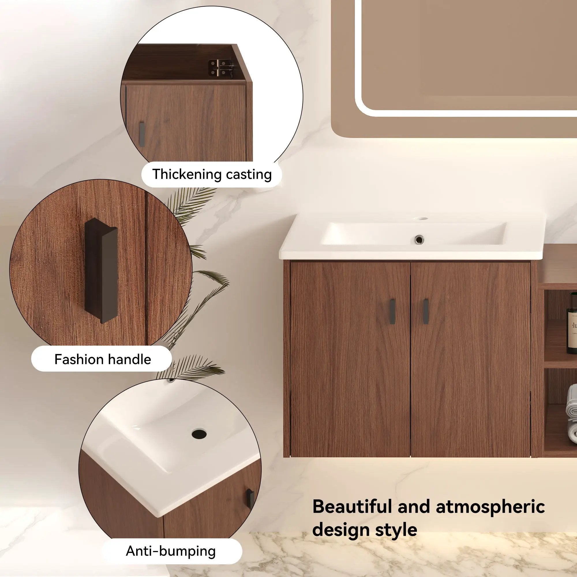 Soft Close Doors Bathroom Vanity With Small Storage Shelves, 24" And 12" Combination Cabinet - Reddish Brown by Unique Piece Furniture