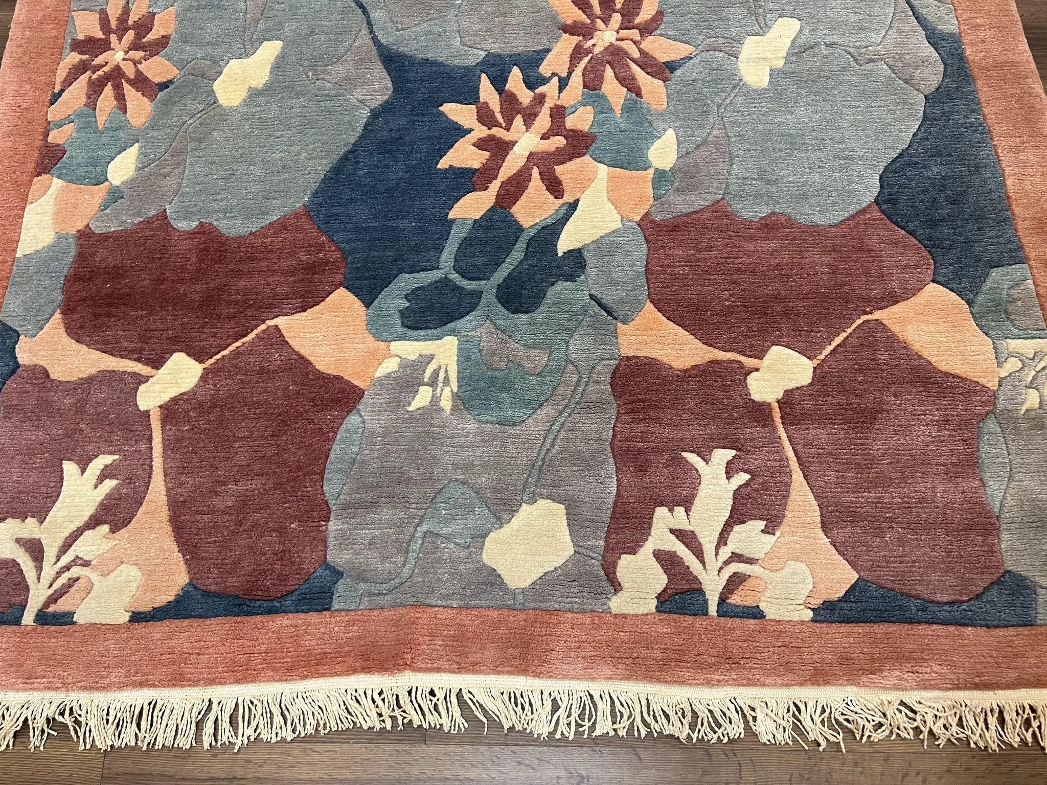 Modern Tibetan Rug 5.7 x 7.9, Abstract Multicolor Flower Pattern, Navy Blue Maroon Salmon, Soft Wool, Hand Knotted Contemporary Carpet 6x8 by Jewel Rugs