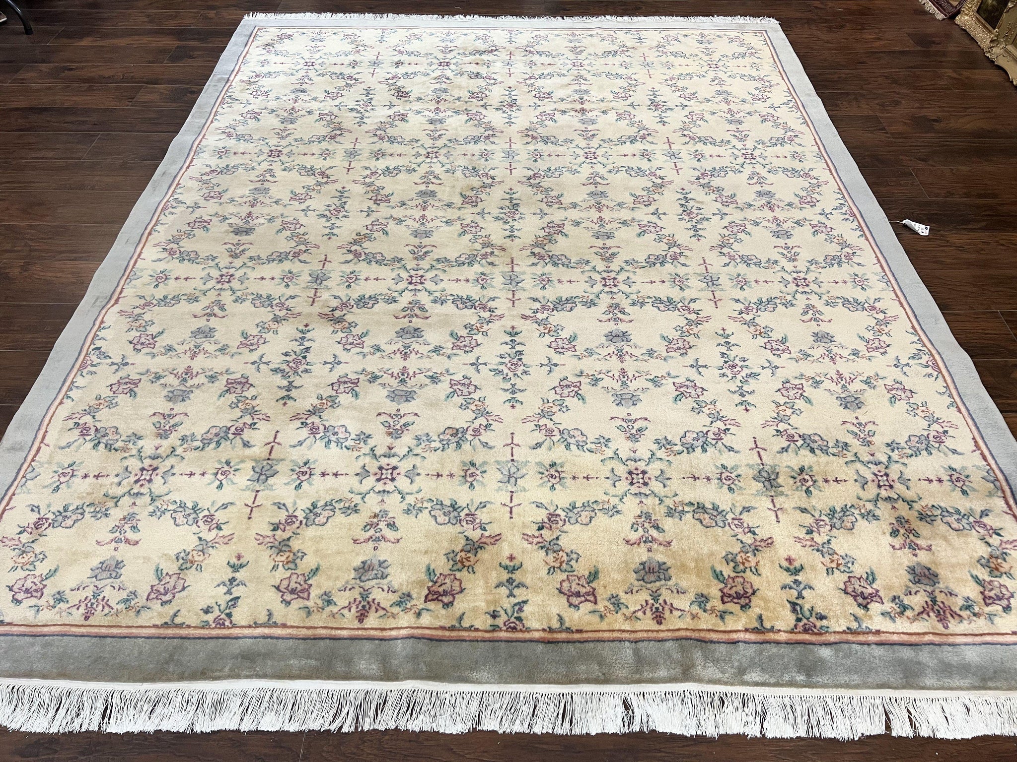 Sino Persian Rug 8x10, Floral, Oatmeal and Light Teal, Handmade Wool Vintage Carpet by Jewel Rugs