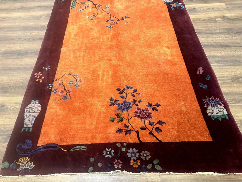 Chinese Art Deco Rug 5x8, Antique Chinese Wool Rug, Nichols Rug, Rare Chinese Carpet, Orange and Purple-Maroon by Jewel Rugs