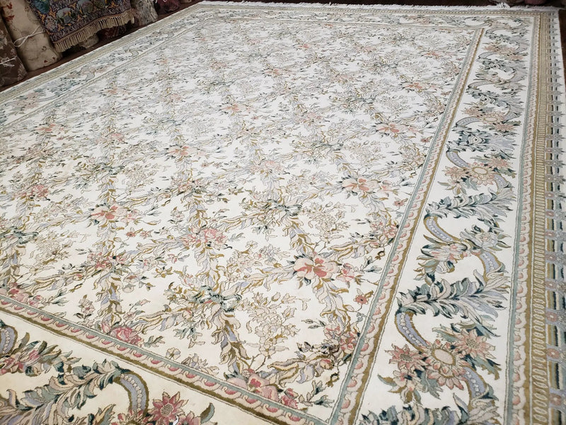 Pak Persian Floral Rug 11 x 12.6, Ivory, Very Fine, Hand Knotted by Jewel Rugs
