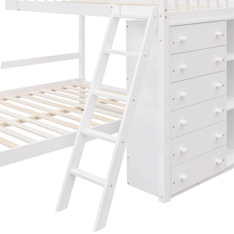 Bunk Bed With 6 Drawers And Flexible Shelves, Bottom Bed With Wheels by HouseOfZazla