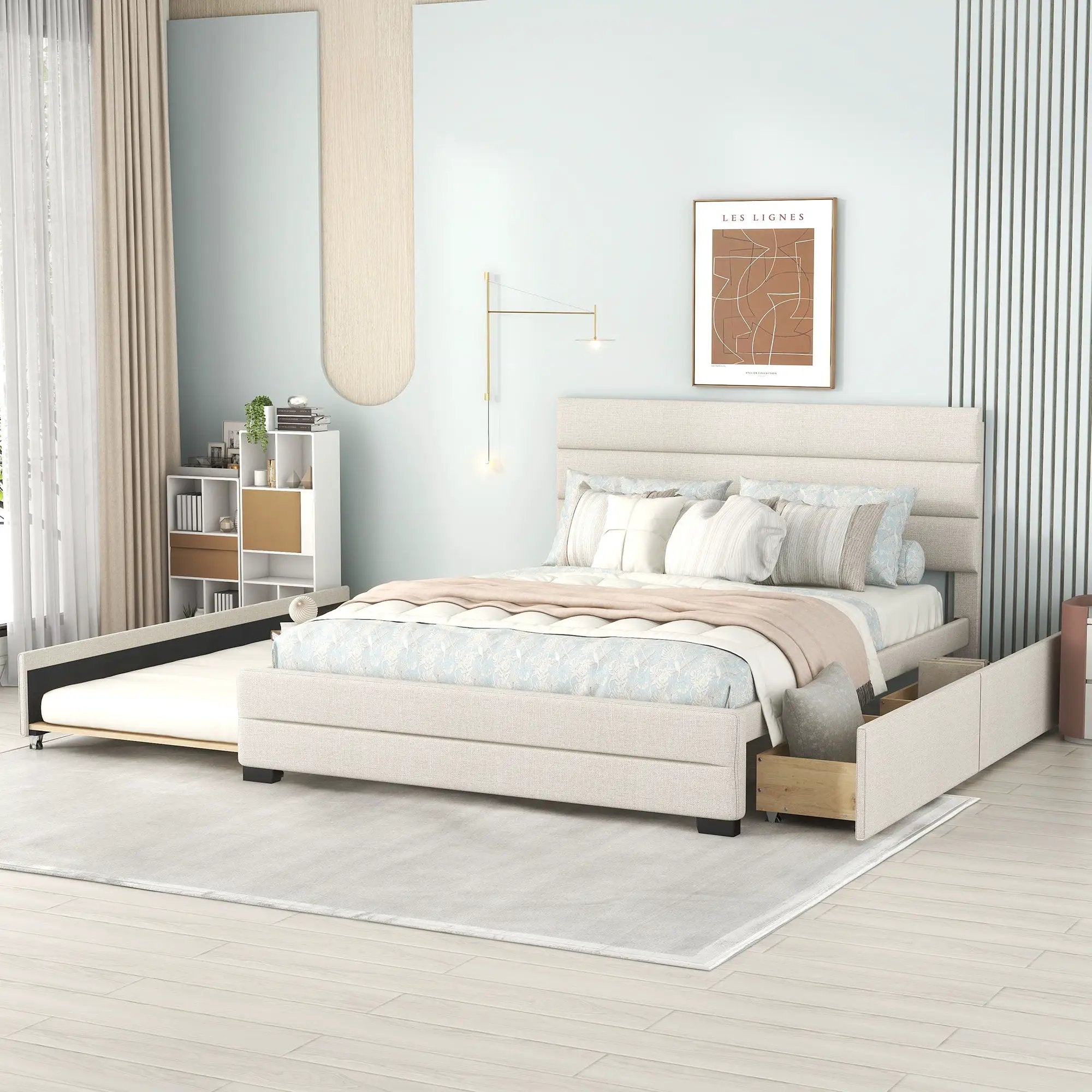 Queen Platform Bed With Twin Trundle And 2 Storage Drawers - Beige by Unique Piece Furniture