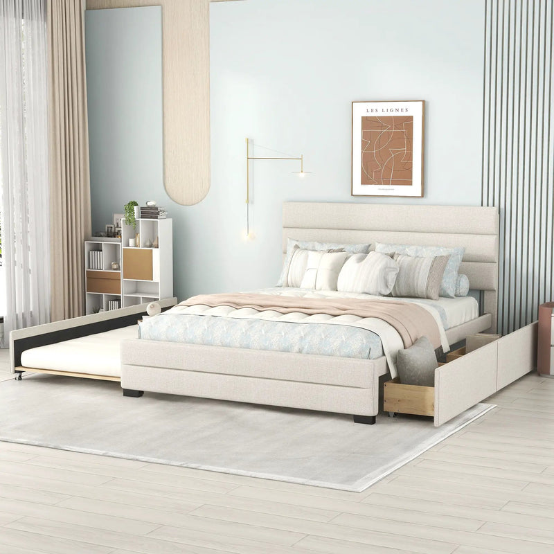 Queen Platform Bed With Twin Trundle And 2 Storage Drawers - Beige by Unique Piece Furniture