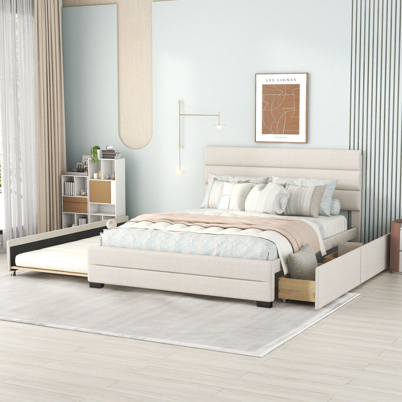 Queen Platform Bed With Twin Trundle And 2 Storage Drawers - Beige by Unique Piece Furniture