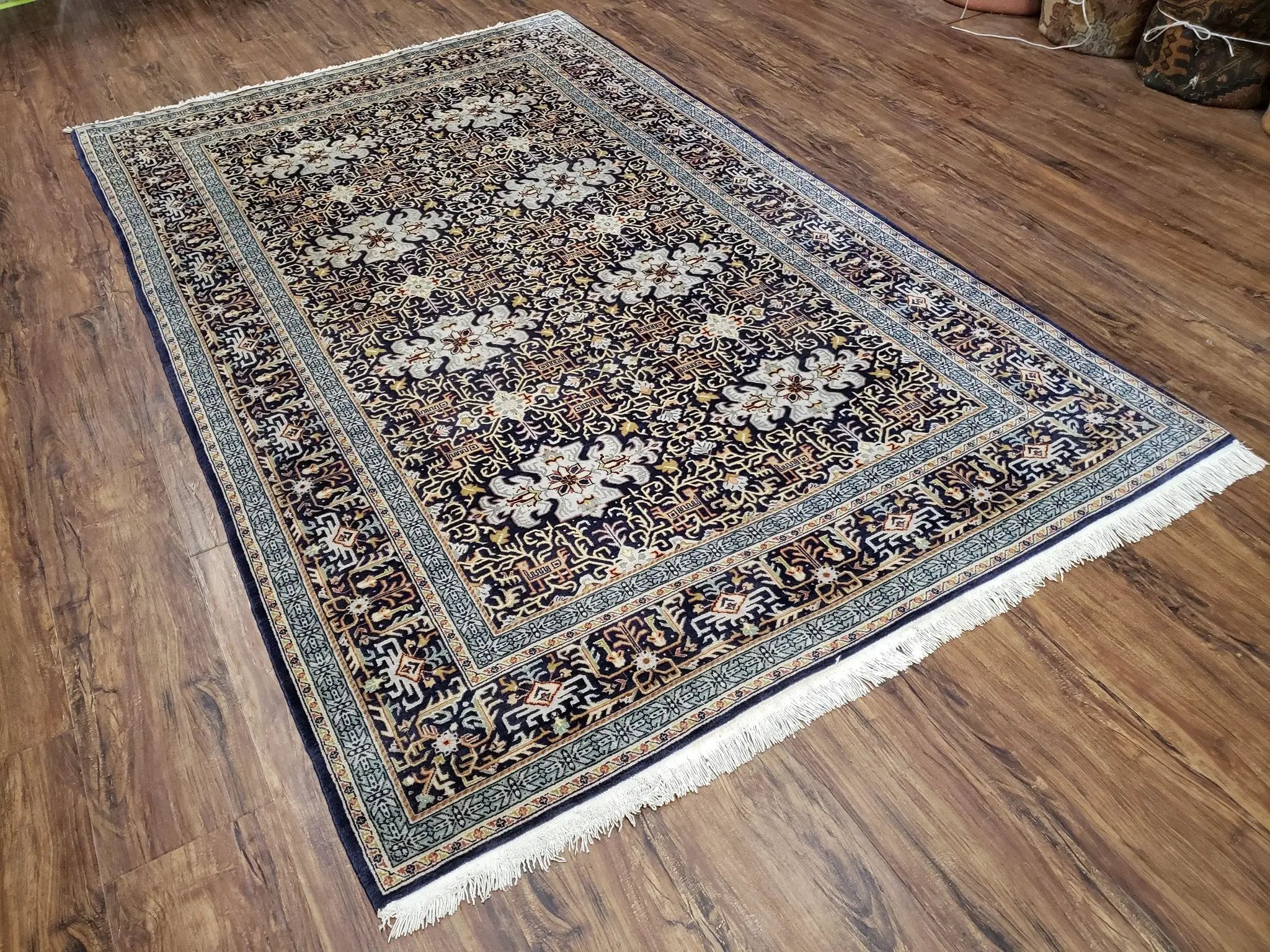 Persian Kashan Rug, Navy Blue, Hand-Knotted, Wool, 4' 8" x 7' 4", Pair A by Jewel Rugs