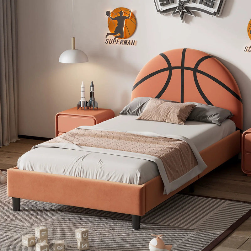 Basketball Design Upholstered Twin Platform Bed Sport Style Bed For Boys & Girls, Teens - Orange by Unique Piece Furniture