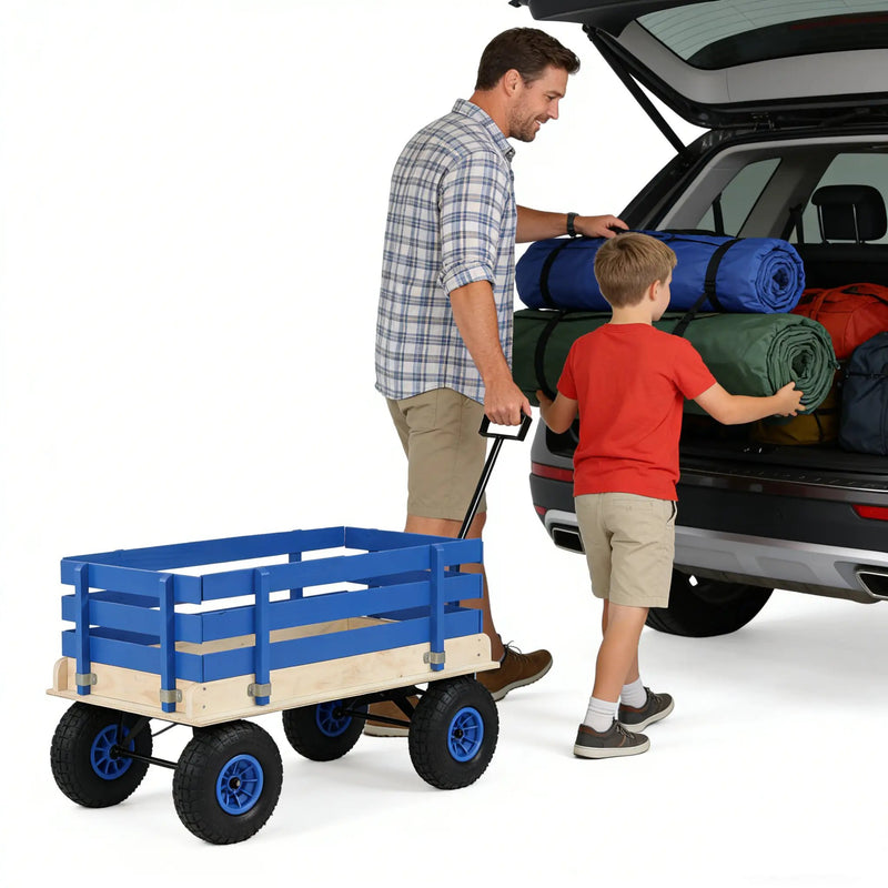Blue Wooden Kids Pull Wagon with Removable Side Rails & All Terrain Wheels by HouseOfZazla