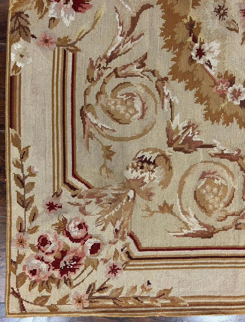 Aubusson Needlepoint Rug 4x5 ft, Beige and Tan, Aubusson Savonnerie Vintage Carpet, Handwoven Handmade Wool Rug, European Design Floral Rose by Jewel Rugs